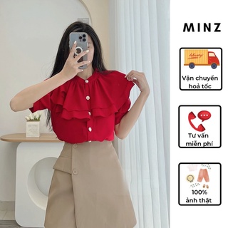 Áo sơ mi công sở nữ tay cộc minz store thiết kế cổ 2 tầng bèo, đính cúc ngọc