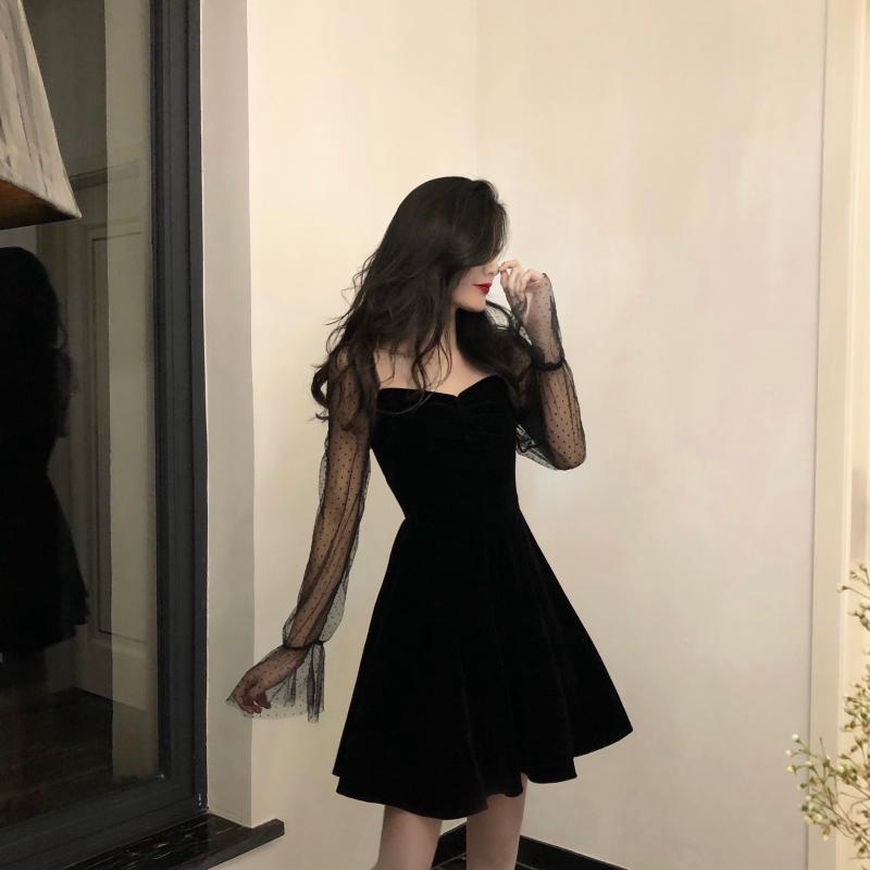 Lưới Khâu Màu Đen👗👗Đầm Ngắn Tay Dài Hở Vai Ôm Eo Màu Đen Quyến Rũ Cho Nữ