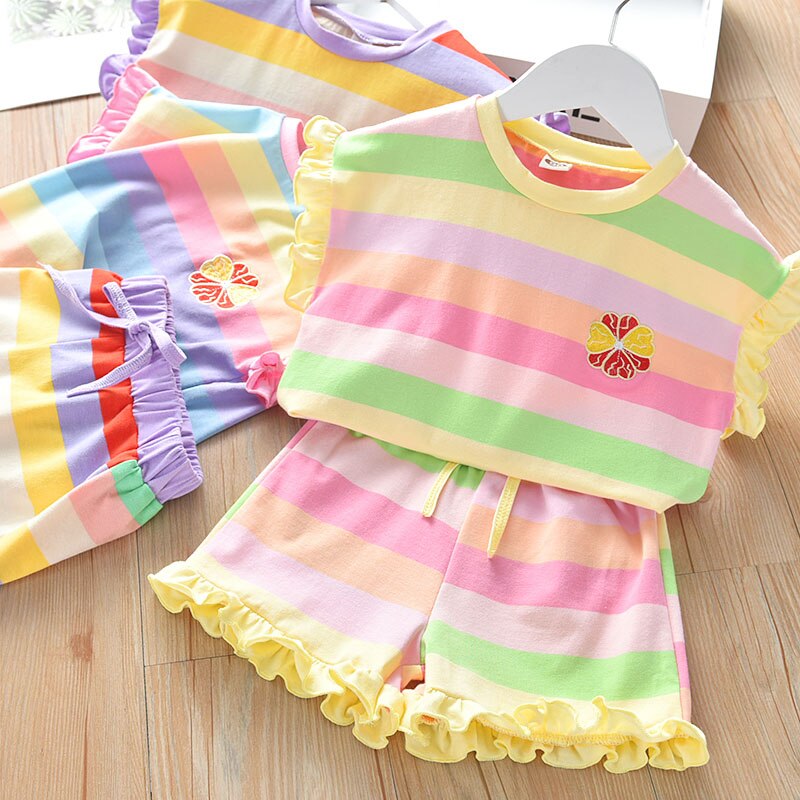 Set Áo Thun Sọc Ngang &amp; Quần Short Cho Bé Gái Từ 2-6 Tuổi