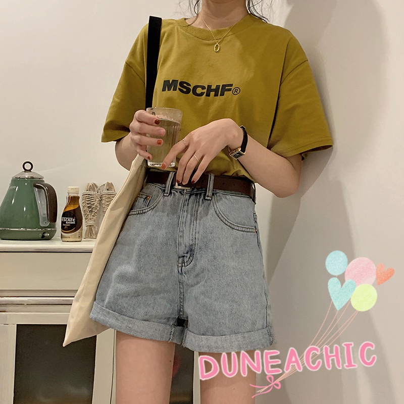 DUNEA Quần Short Denim Lưng Cao Ống Rộng Thời Trang Cá Tính Cho Nữ