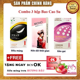 [SIÊU ƯU ĐÃI] 3 hộp Bao cao su, Condom Nhật Bản Siêu mỏng, Gân gai, Kéo dài thời gian +Tặng 1 BCS Ok Hương Dâu