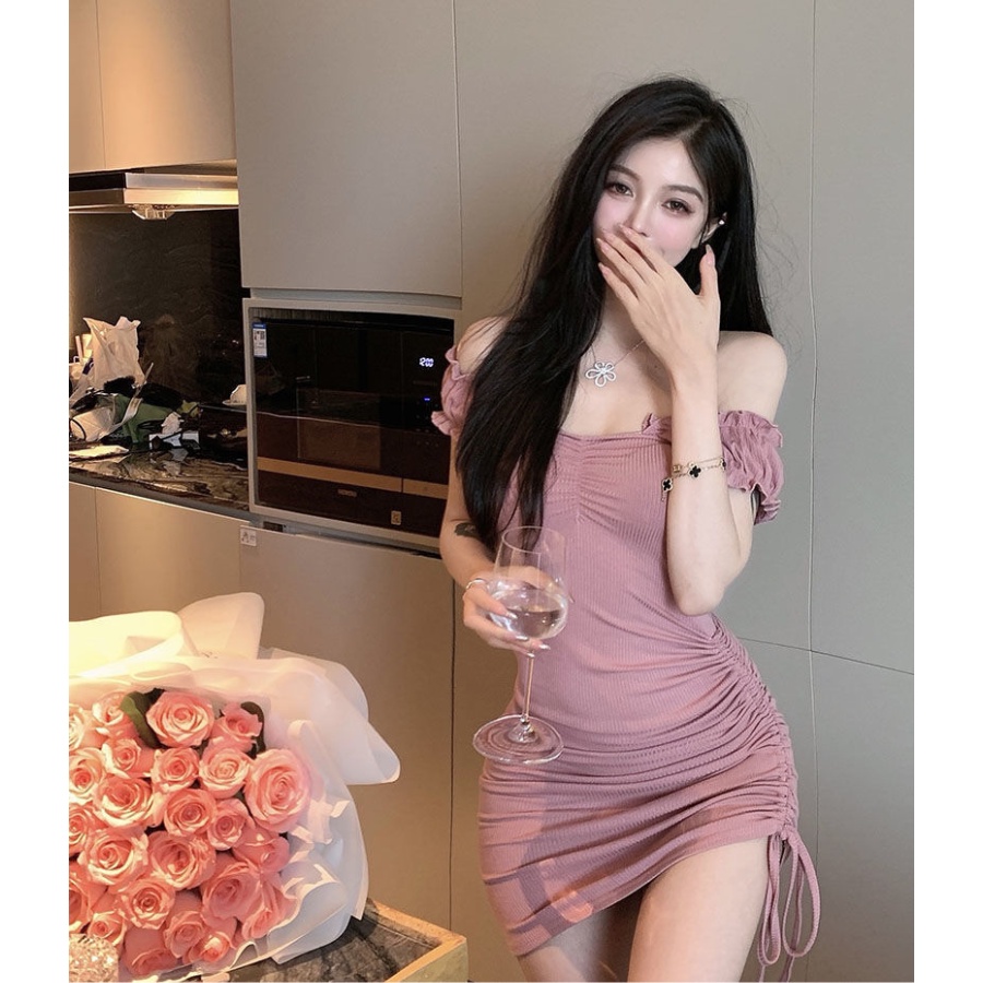 Đầm ôm body hai dây rút một bên màu hồng HDT282 Hỉn Hỉn Store