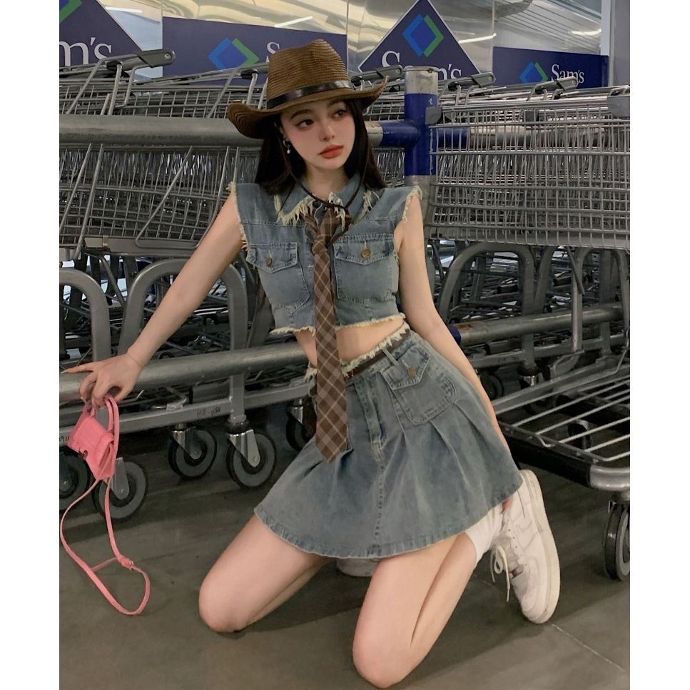 JSC Set Áo Váy Denim Chữ a Lưng Cao Phong Cách Hong Kong Thời Trang Mùa Hè Hàng Mới Dành Cho Bạn Nữ