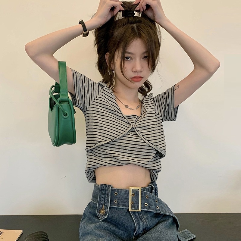 Áo thun ZHELIHANGFEI tay ngắn giả hai lớp phong cách quyến rũ