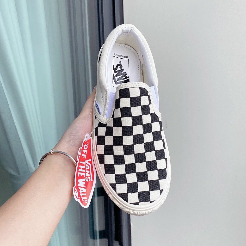 Giày Nam Nữ Không Dây Vans Classic Slip On, Giày Lười Vans Caro Đen Trắng Full Box Bill G07