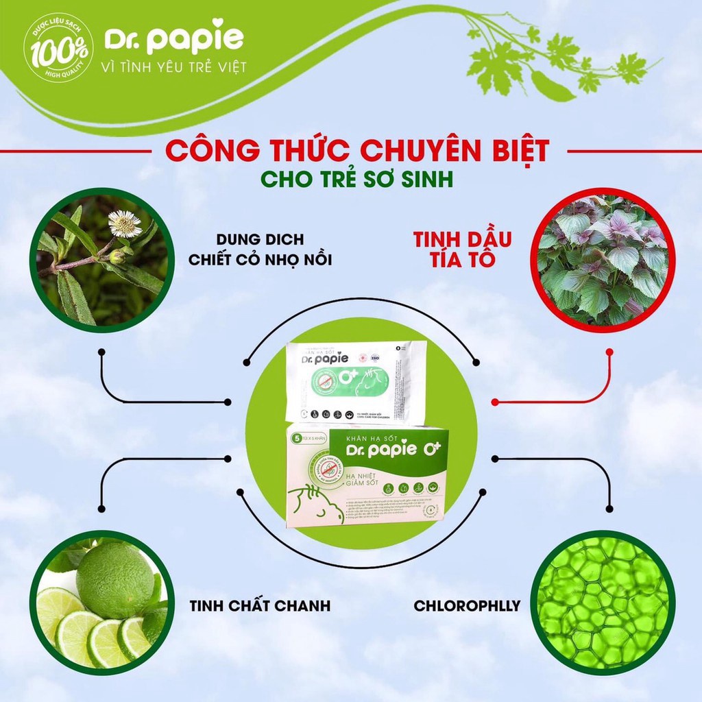 Khăn hạ sốt cho bé Dr Papie - lau hạ nhiệt, giảm sốt cho bé  trở lên từ thảo dược, bạc hà, tía tô