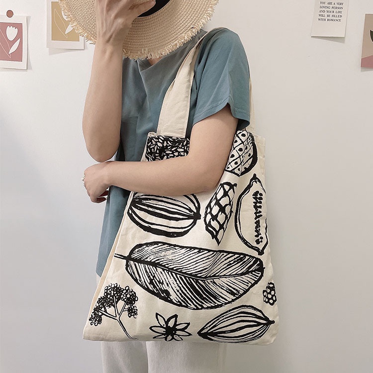 Túi Tote Vải Cỡ Lớn Đeo Vai Style Korea 3 Ngăn Phối Lá