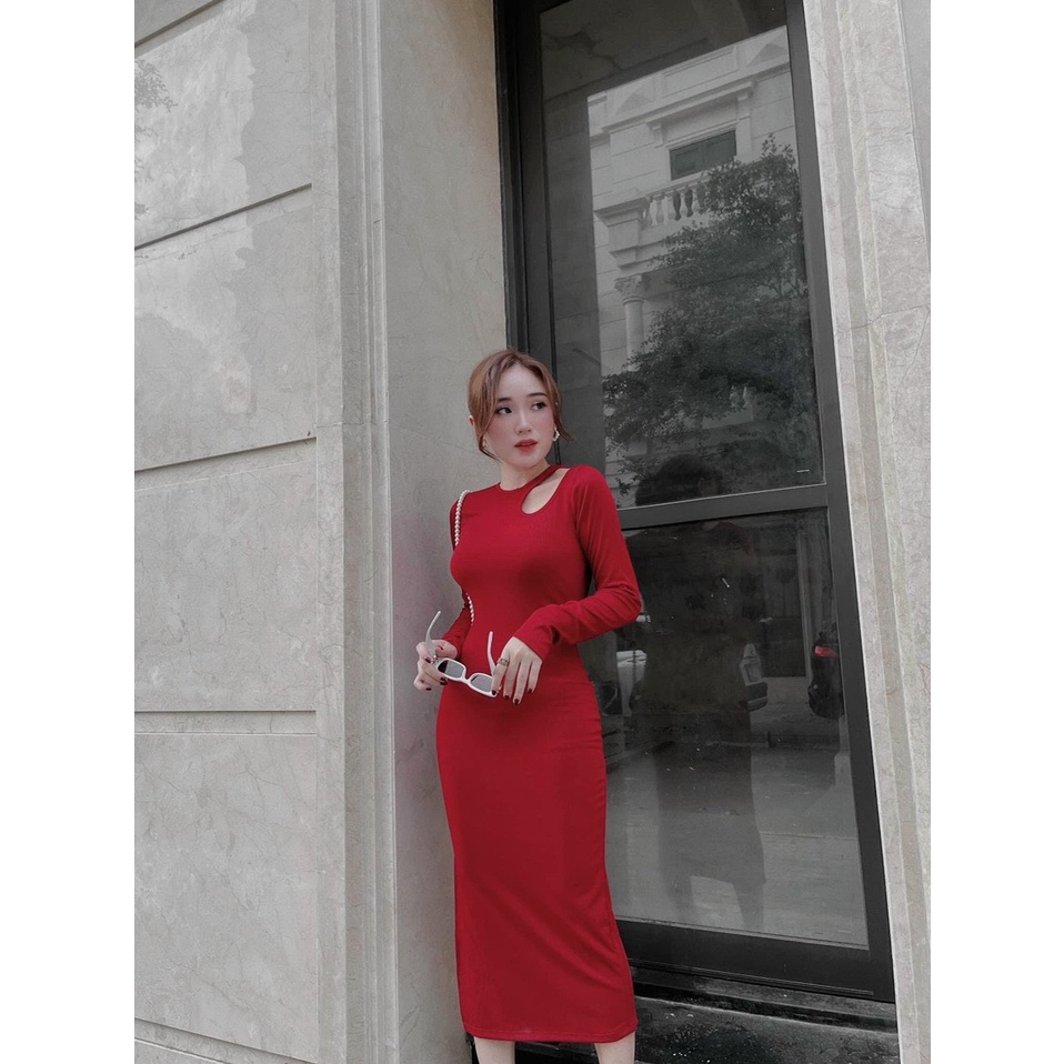 Đầm tay dài khoét xéo vai chất gân đẹp body đẹp dáng dài k