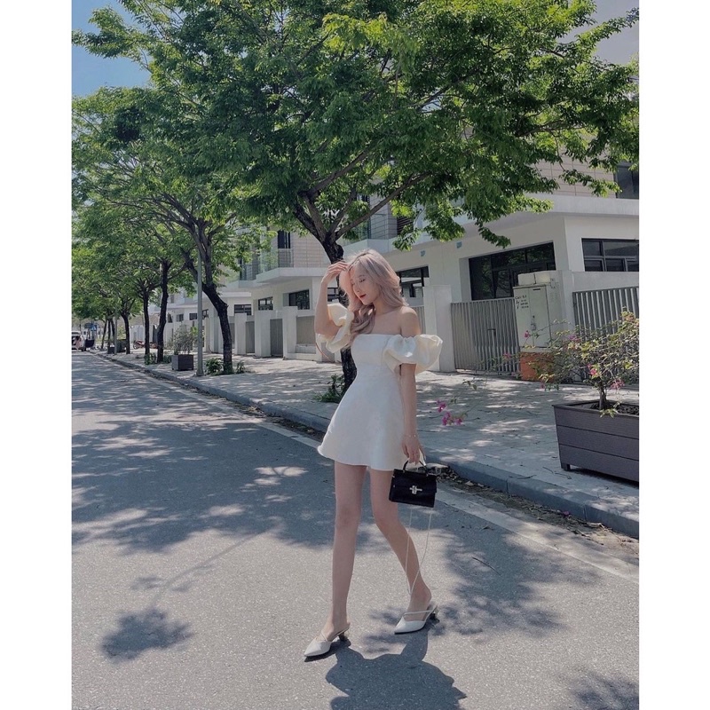 VÁY GẤM TRẮNG HOA NỔI VOAN TRỄ VAI SENA DRESS TIỂU THƯ SIÊU XINH