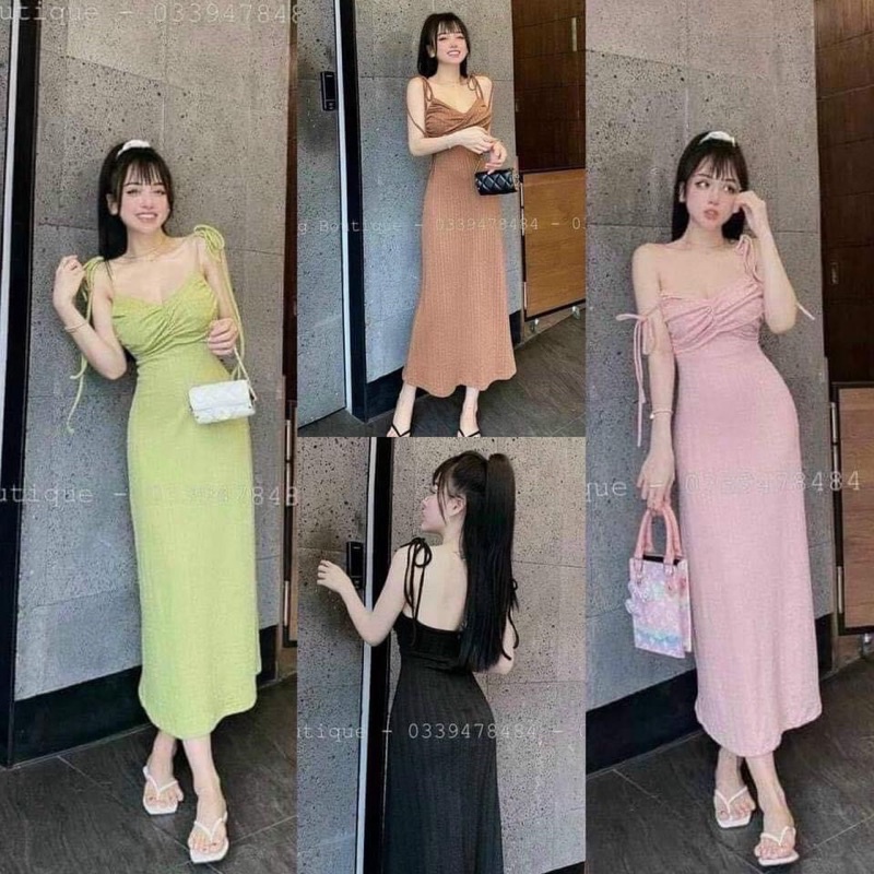 ĐẦM BODY HAI DÂY BUỘC NƠ VAI NHÚN NGỰC DÁNG DÀI