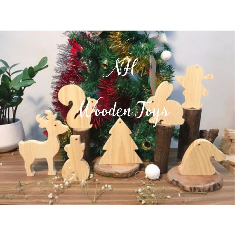Set Gỗ Tô Màu 7 Món Noel - Bộ 7 Gỗ Thông Tự Nhiên Chưa Tô Màu, Gỗ Trang Trí Noel Dày 1,5cm, Tặng 8 Màu và Cọ - Thỏ Sồi