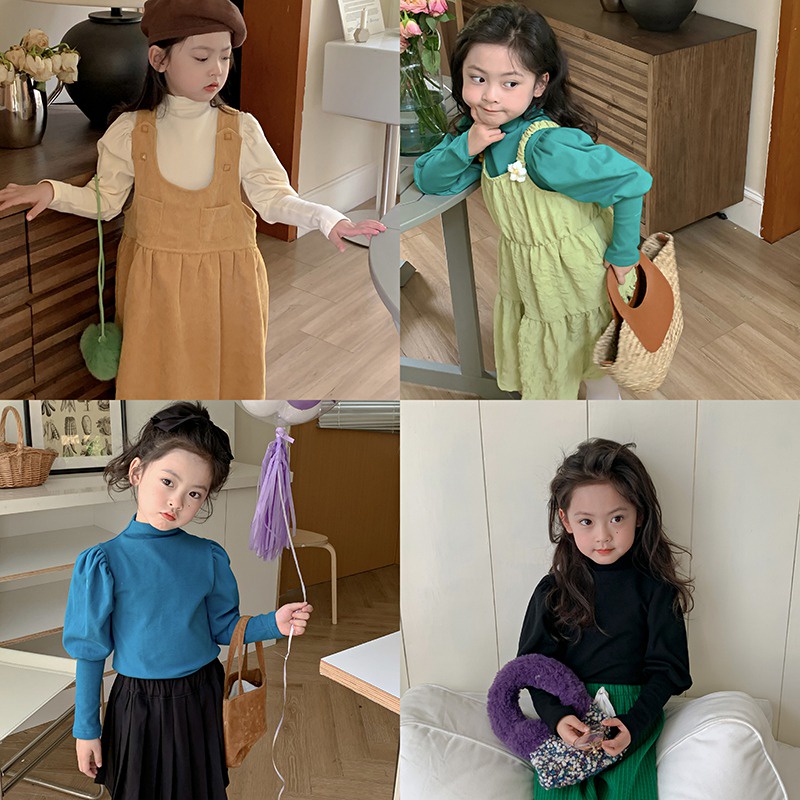 Áo Thun Tay Phồng Cổ Cao Thời Trang Thu Đông Phong Cách Hàn Quốc Cho Bé Gái