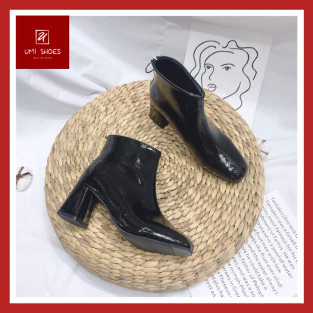 Giày bốt nữ cổ lửng da bóng mềm mẫu mới đế cao 6cm 2 màu đen/be dễ phối đồ xinh bền đẹp giá rẻ kiểu dáng Hàn Quốc