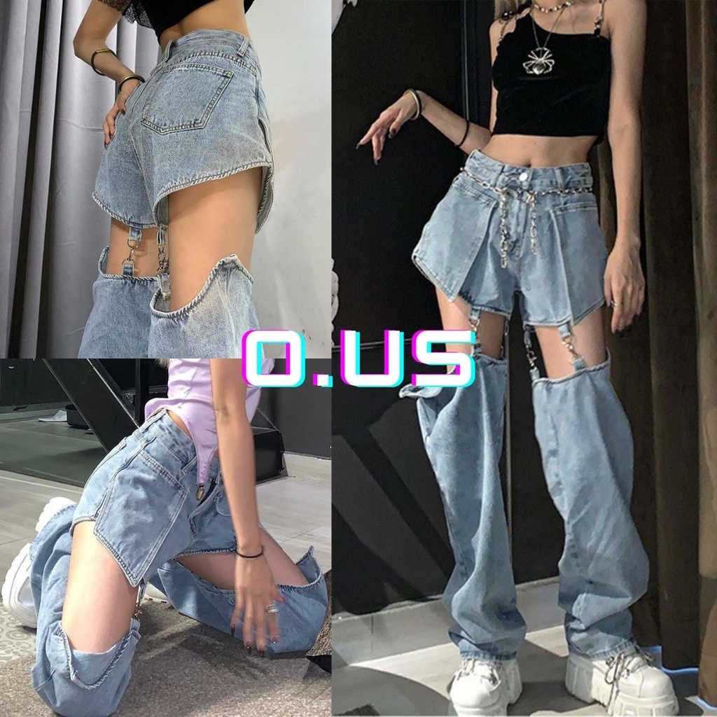 Quần jeans suông hở đùi dây nối sexy có thể tháo rời - Quần bò nhảy hiphop phong cách Châu Âu