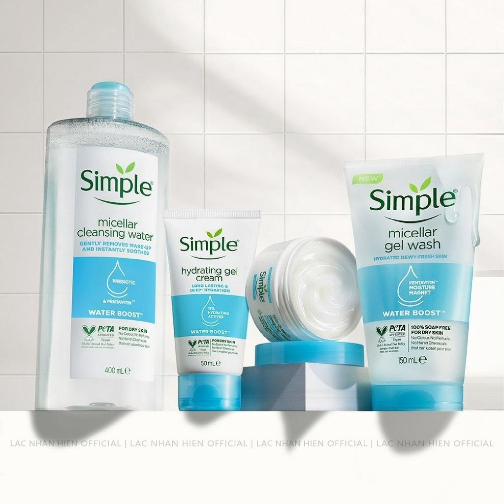 SỮA RỬA MẶT CẤP ẨM LÂU DÀI SIMPLE WATER BOOST MICELLAR GEL WASH CHO DA NHẠY CẢM KHÔ VÀ MẤT NƯỚC
