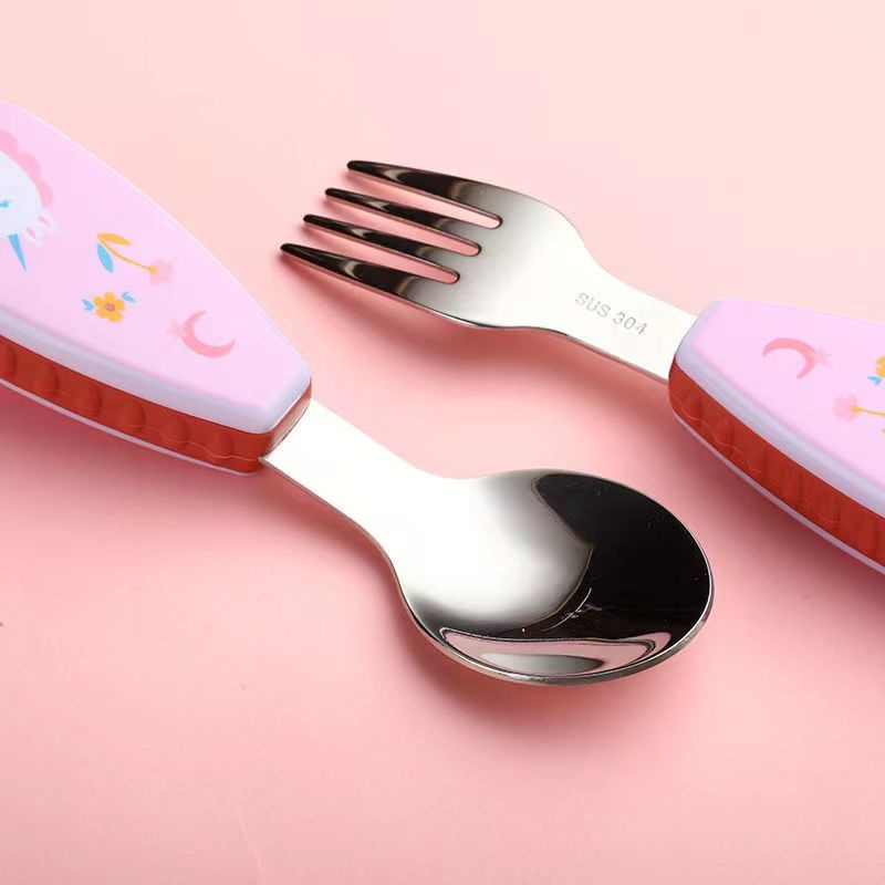 Bộ Muỗng Nĩa Tay Cầm Ngắn Hình Hoạt Hình Cho Bé Tập Ăn Dặm