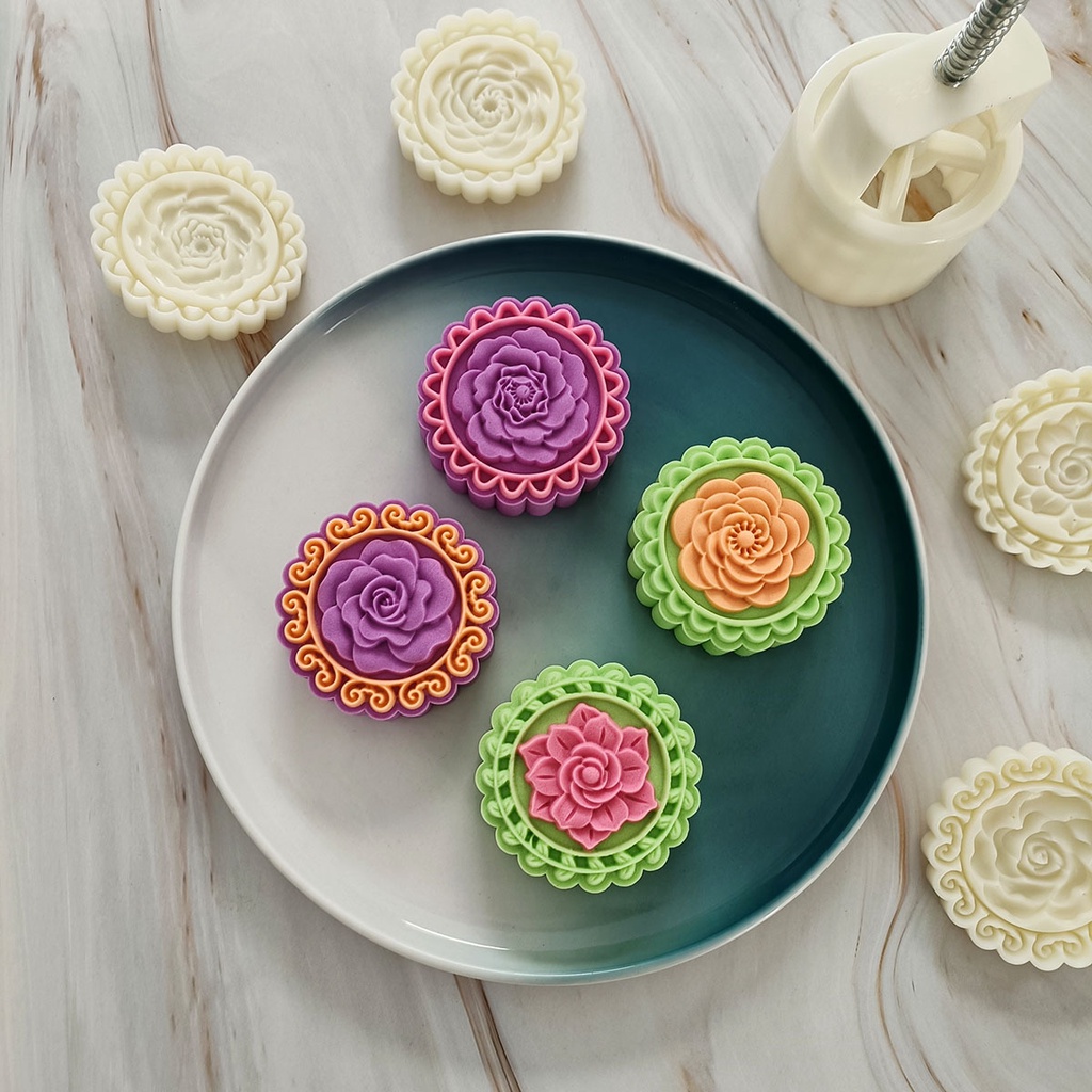 Khuôn trung thu lò xo 4 mặt nhấn hoa hồng hoa sen 150gram