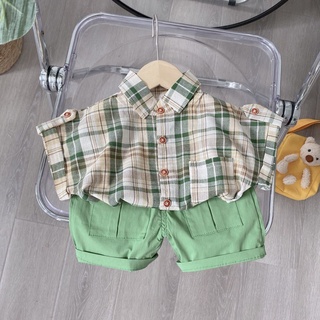 Bộ áo sơ mi tay ngắn màu trơn phối quần short thời trang mùa hè cho bé trai