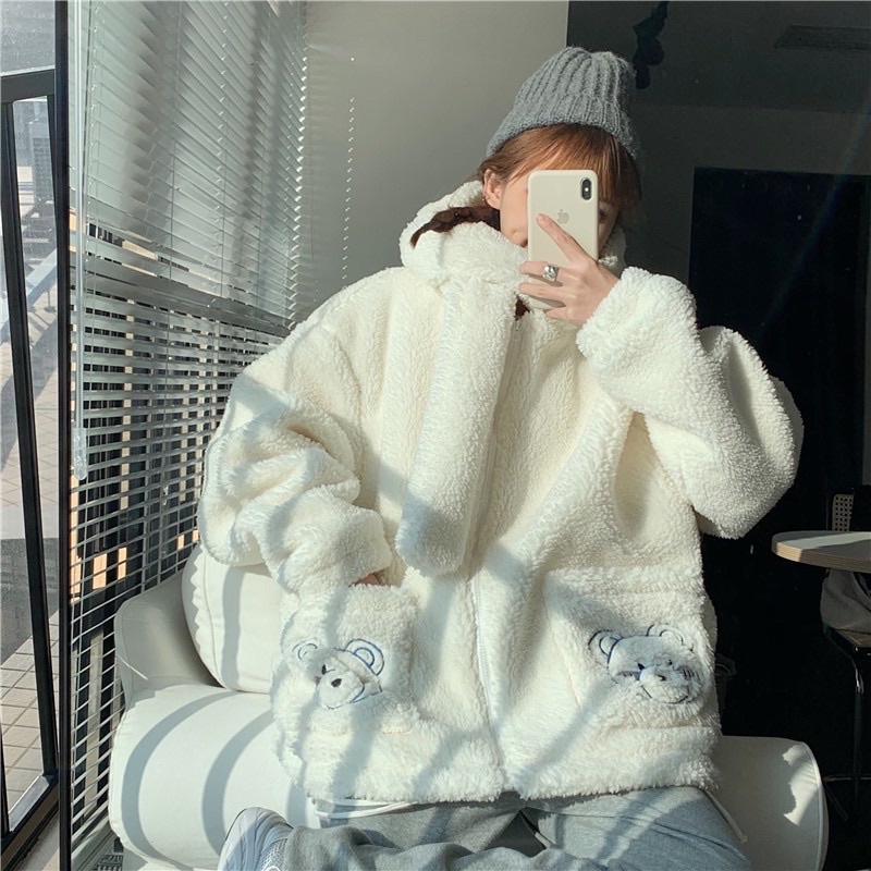 Áo Khoác Hoodie Lông Gấu Nữ Túi Mũ Khăn Xanh Trắng Dáng Rộng