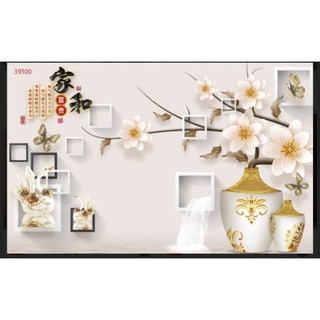 Tranh dán tường Bình Hoa 3D in Vải Lụa