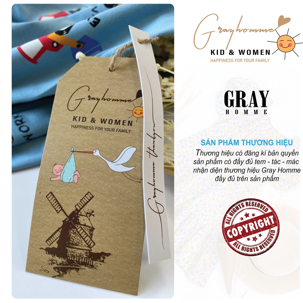Bộ Quần Áo Bé Gái, Bé Trai GRAYHOMME Vải Cotton Họa Tiết Dễ Thương - BN012