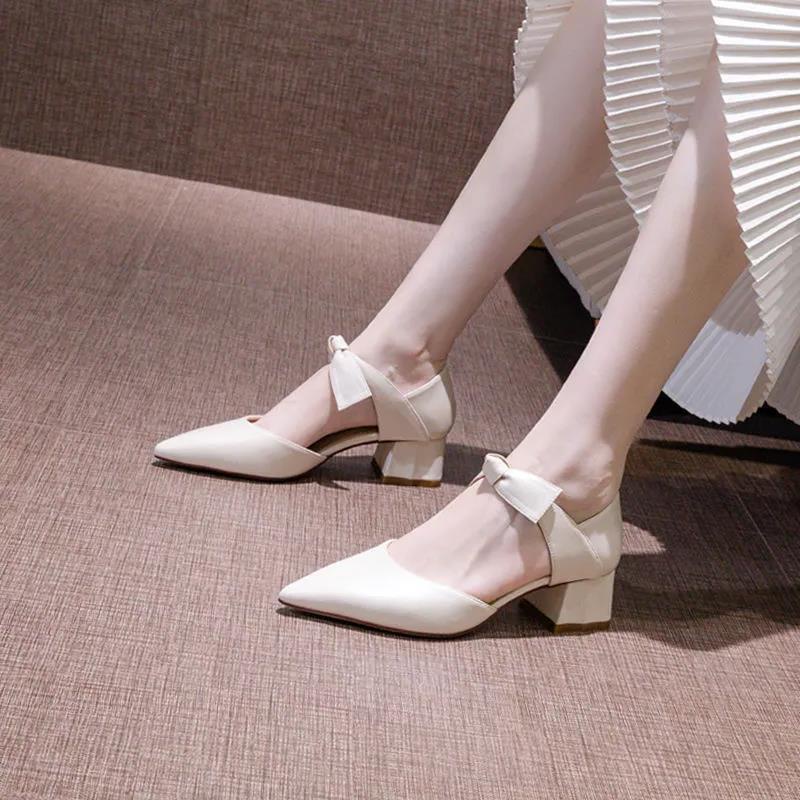 Giày cao gót mũi nhọn màu trắng đính nơ phong cách mùa hè mới cho nữ có size lớn 35-43
