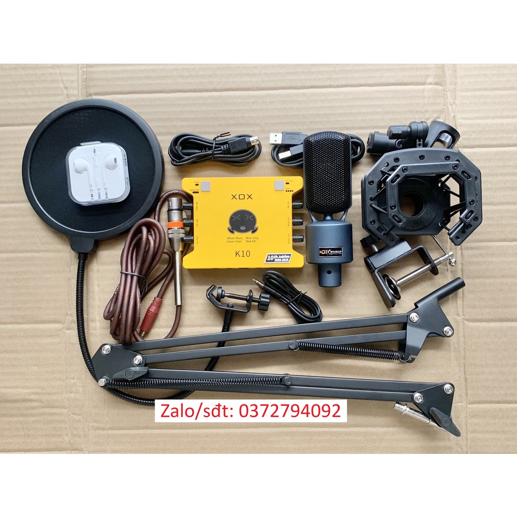 Combo mic livestream karaoke Aqta ALC290 và sound card XOX K10 2020 bản tiếng anh đi kèm chân kẹp màng lọc