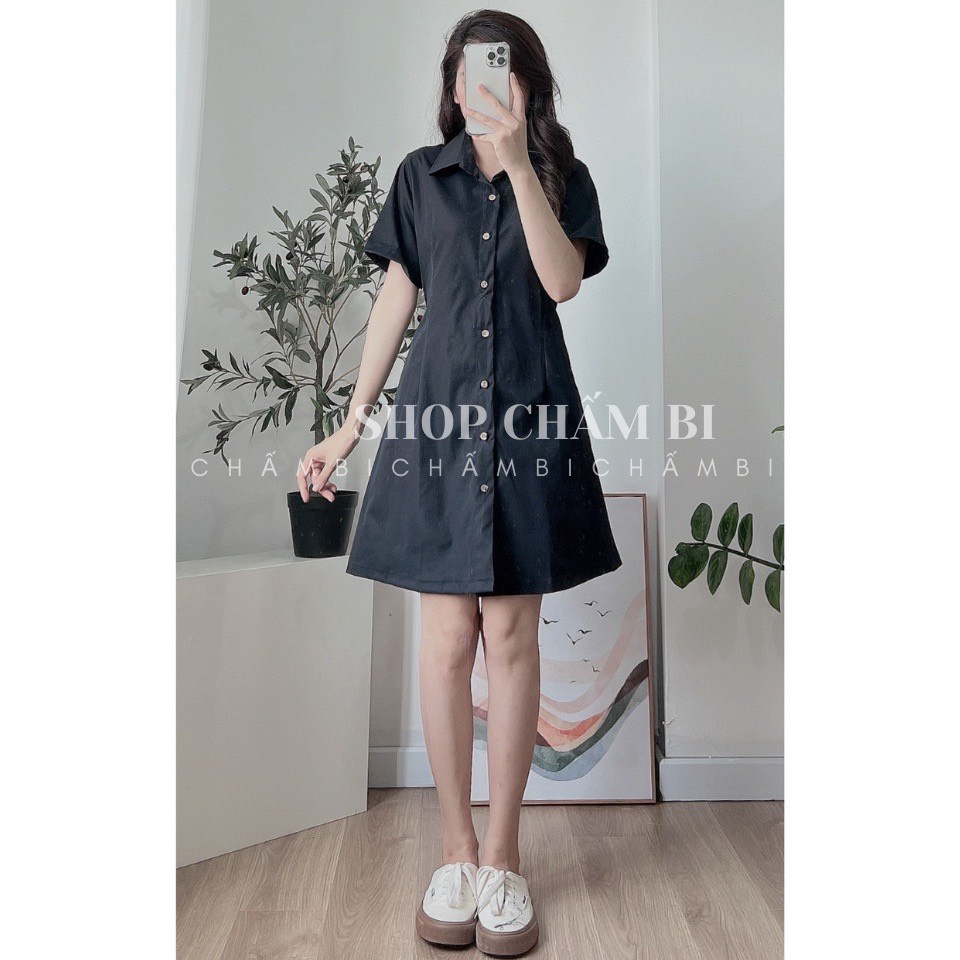 Váy Sơ Mi Chun Lưng Vải Thô Tay Ngắn Đầm Sơ mi Dáng Xòe Chun Lưng