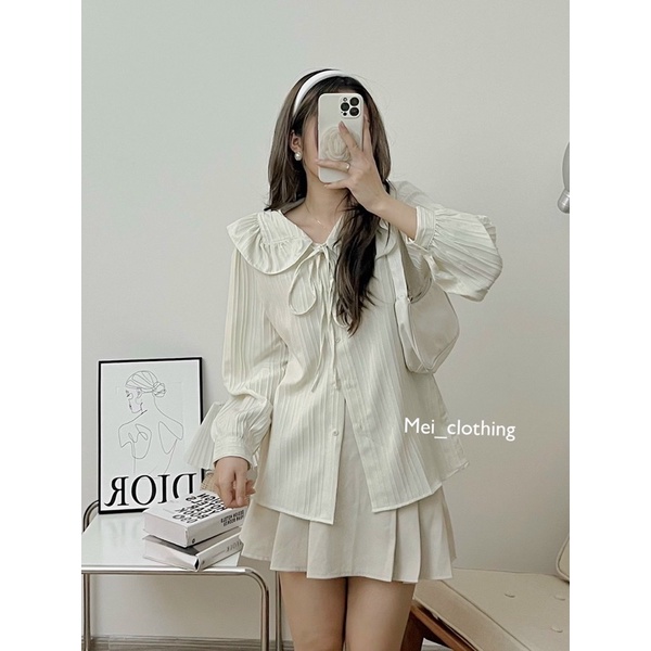 Áo sơmi gân Cổ Bèo To thắt nơ thiết kế tay bồng xinh xắn