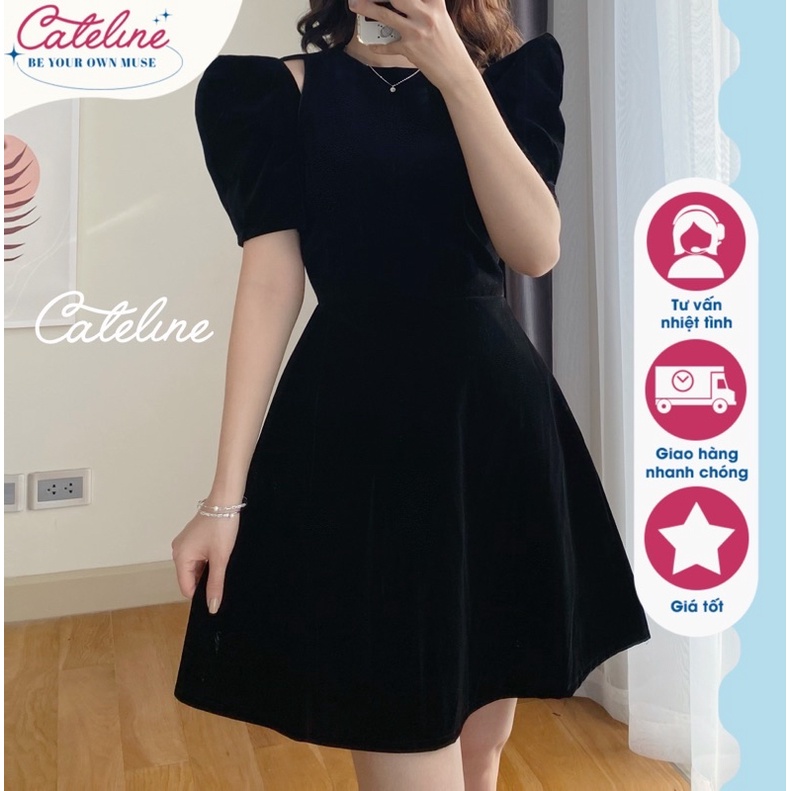 Váy nhung nữ Cateline khoét vai 2 bên, đầm thắt eo tay bồng dáng xoè chữ A dự tiệc