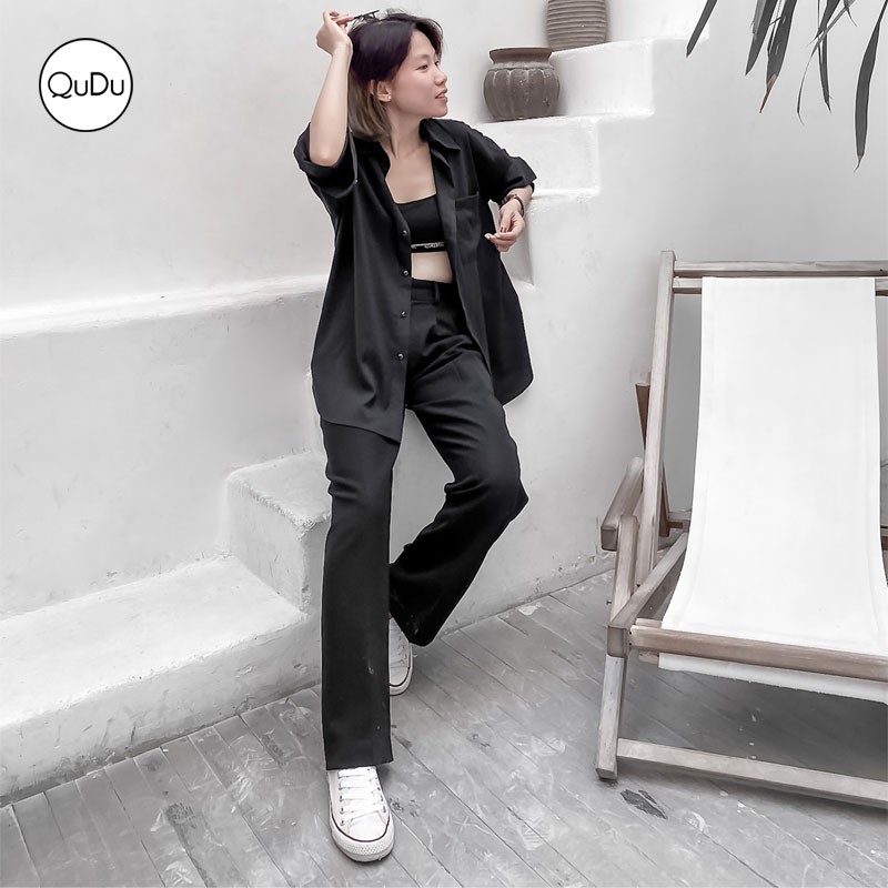 💞Best Seller QuDu🔥Quần Tây Nữ Lưng Cao Ống Rộng, Dáng Suông Dài Vải Tuyết Mưa Màu Đen Hàng Thiết Kế Việt Nam | BigBuy360 - bigbuy360.vn