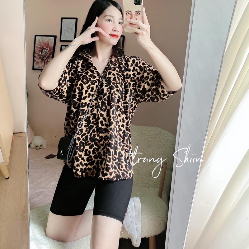 (Hinh Thật) Combo áo sơ mi hoạ tiết da beo và quần thun ôm ngố