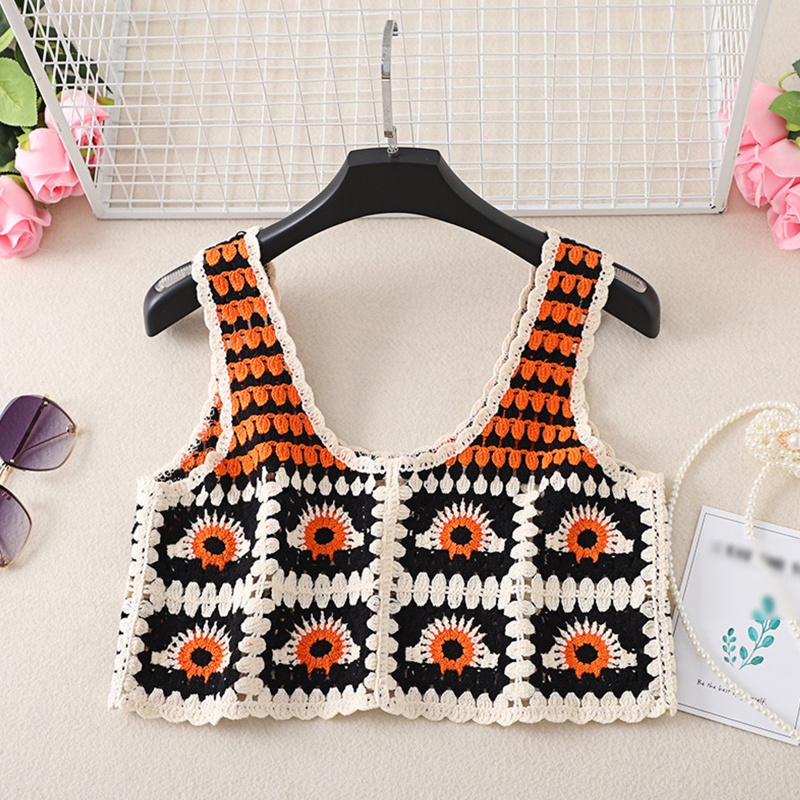 Áo Croptop Dệt Kim Họa Tiết Mắt Hình Học Màu Sắc Tương Phản Cho Nữ