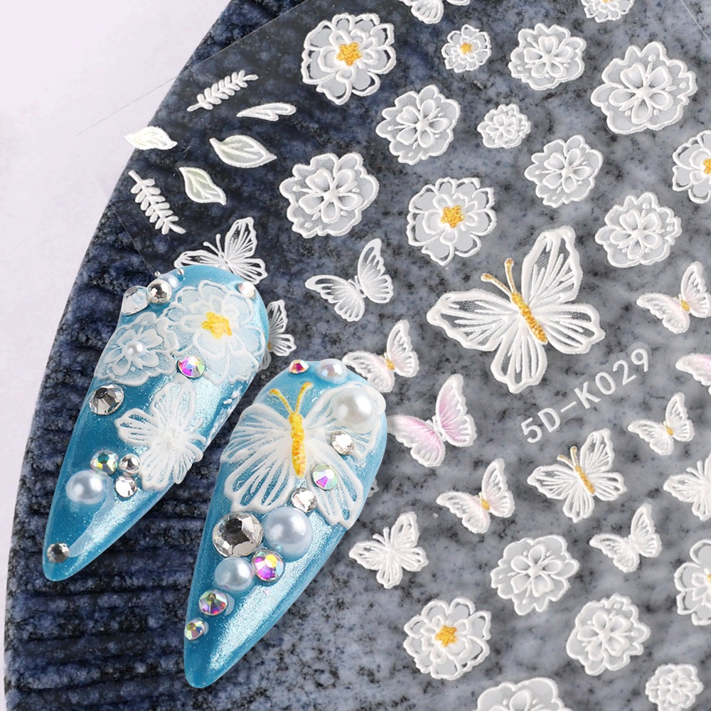 [Hàng mới về] Tờ miếng dán trang trí móng tay họa tiết hoa ren dập nổi 5d màu trắng