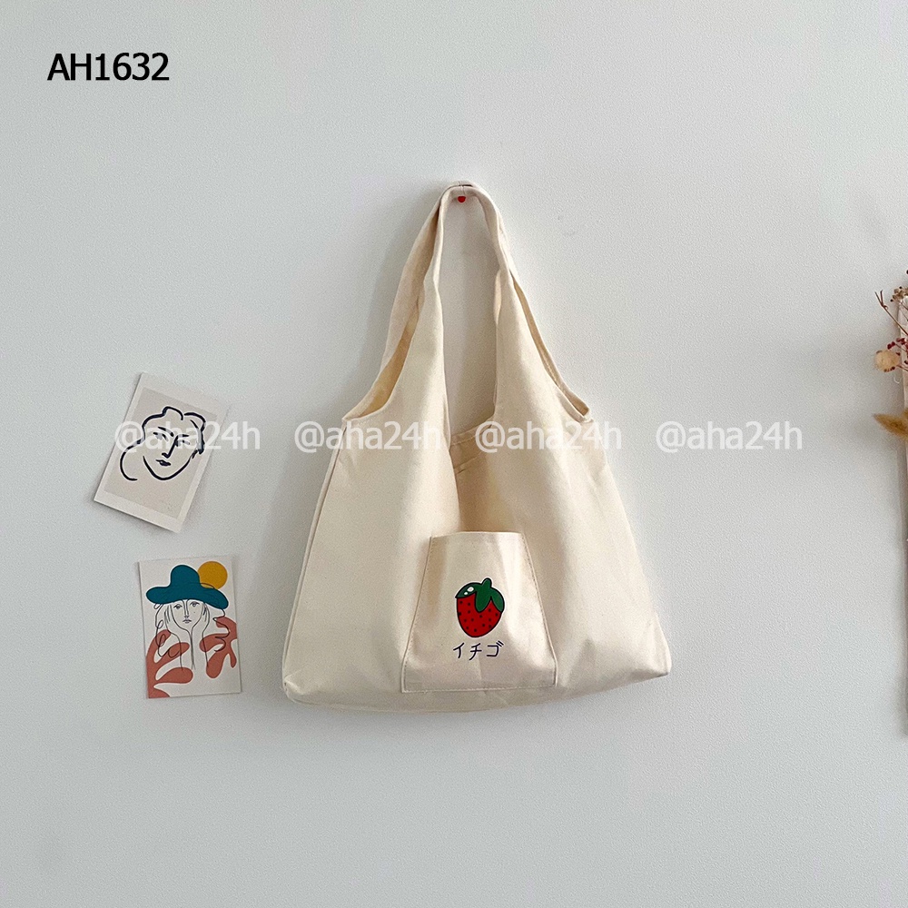 Túi tote vải canvas đi học đi chơi có túi nhỏ xinh in Dâu tây AH1632