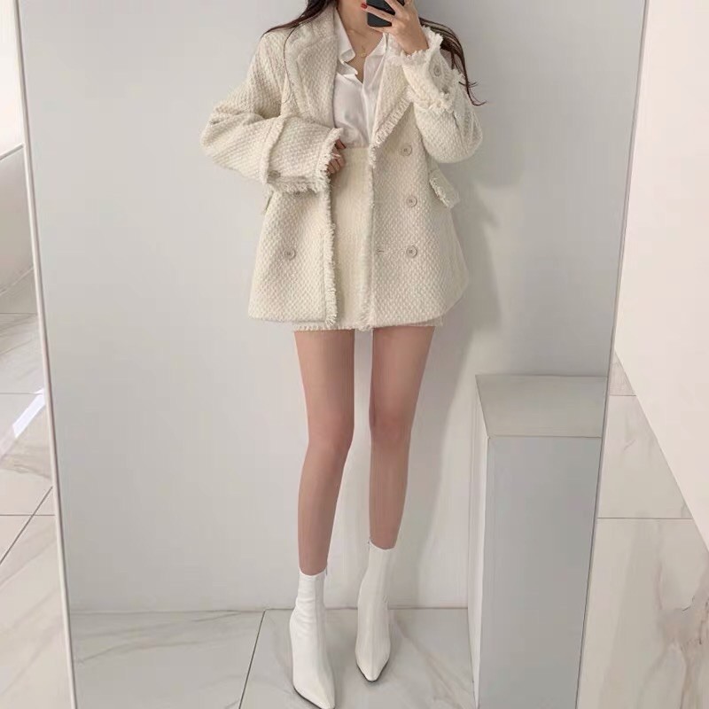 Set áo khoác vest dạ tweed và chân váy ngắn dạ tweed