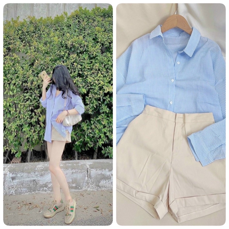 ‼️set sơmi sọc xanh + quần sọt nude