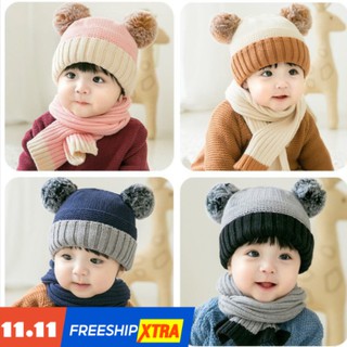 mũ len hai quả bông kèm khăn MS-02 dành cho bé trai bé gái từ 6m- 3y