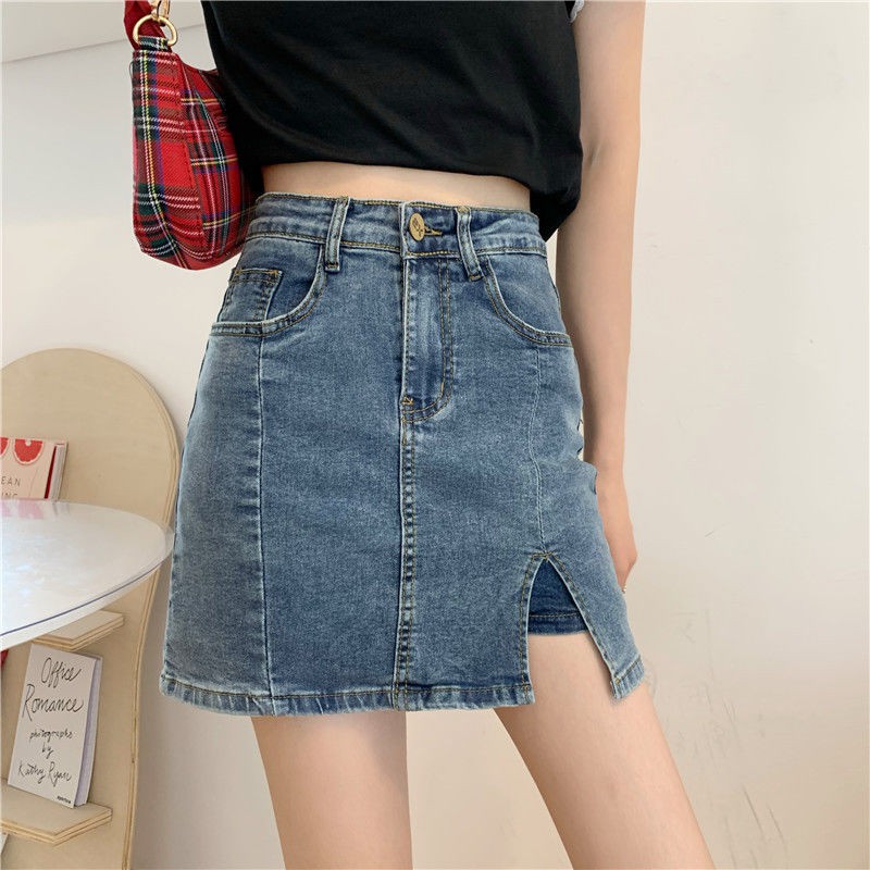 ☈□Váy denim lưng cao 2020 xẻ hông túi mới chống rỗng bên trong nữ sinh phiên bản Hàn Quốc là chiếc quần culottes