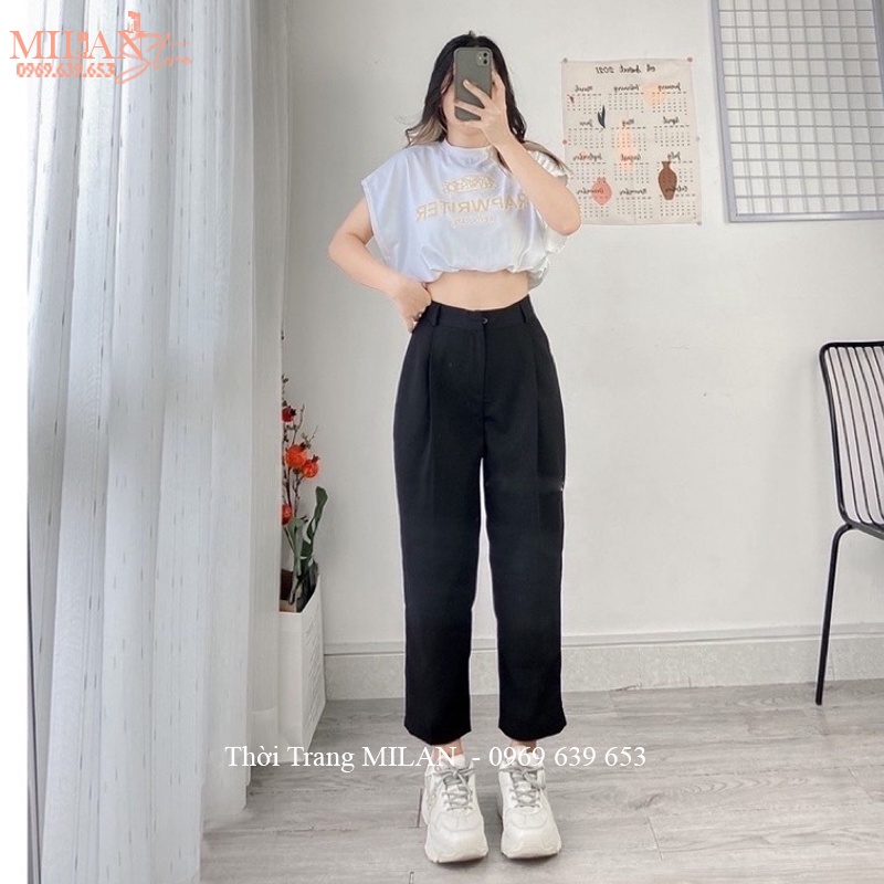 Quần tây ống rộng lưng cao nữ đi học công sở màu Đen Ghi dáng quần vải nữ học sinh ống suông dài dày phối áo sơ mi đẹp