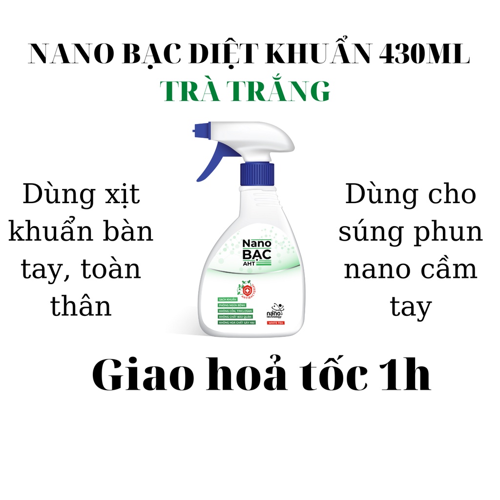 Chai xịt diệt khuẩn (không cồn) vật dụng, rửa tay khô Nano bạc AHT 430ml - hương tinh dầu trà trắng tự nhiên.