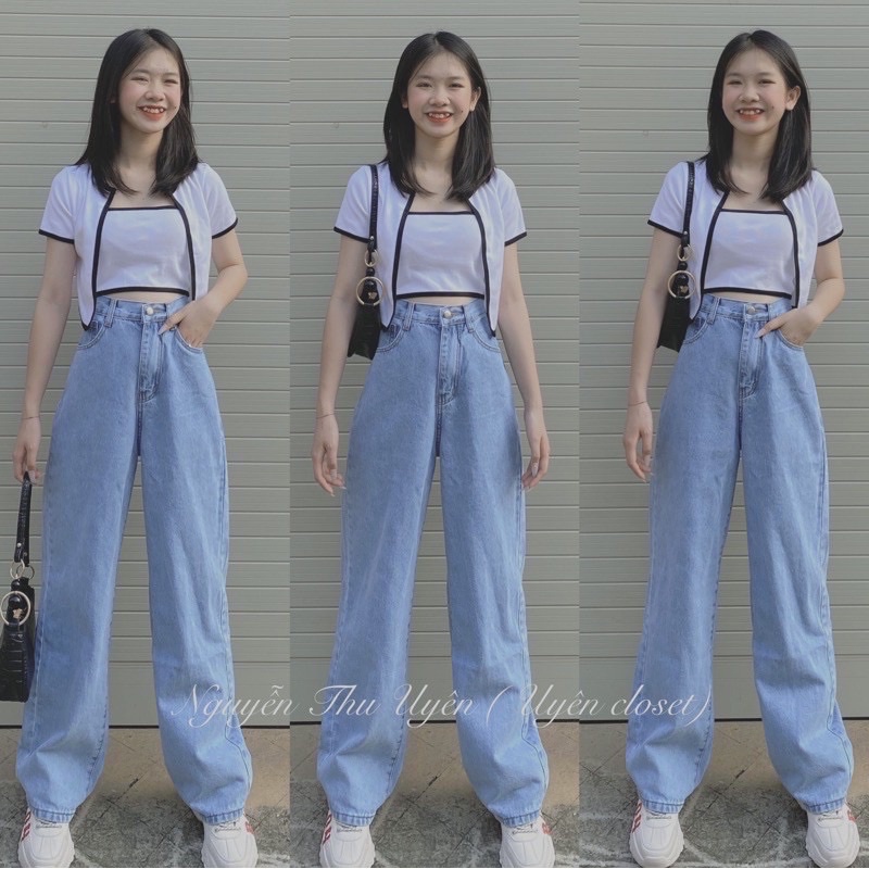 Quần Bò ống rộng cạp cao - Quần jean nữ Ulzzang không dãn chất đẹp