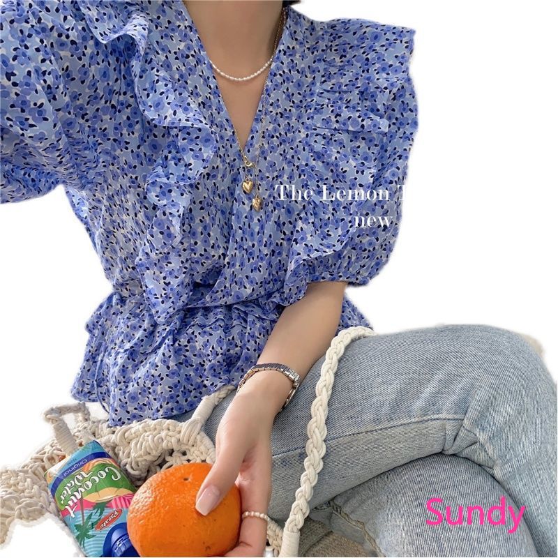 Áo Croptop Tay Phồng In Họa Tiết Hoa Phong Cách Retro Nữ Tính