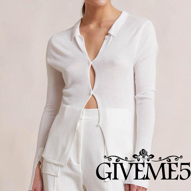Áo Sơ Mi Mỏng Tay Dài Cổ Chữ V Cài Nút Màu Trơn Cho Nữ