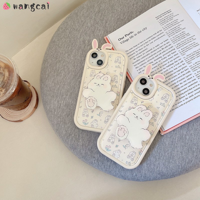 Compatible For iPhone 14 Plus 14 13 12 11 Pro Max Phone Case Rabbit Ear Ears Holder Stand Tulip Lily Of The Valley Flower Cute Cartoon Leather Shockproof Casing Cases Case Cover