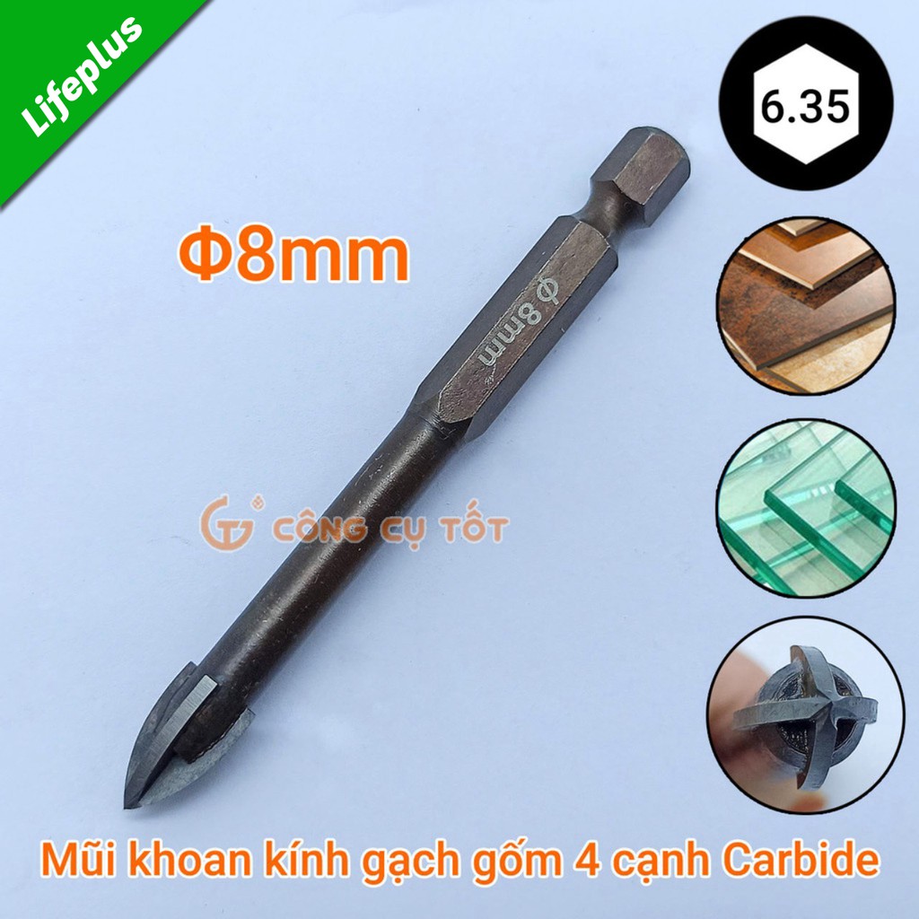 Mũi khoan kính gạch gốm mũi 4 cạnh carbide chuôi lục