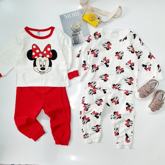 Bộ cotton dài tay Mickey &amp; Minnie bé trai/bé gái