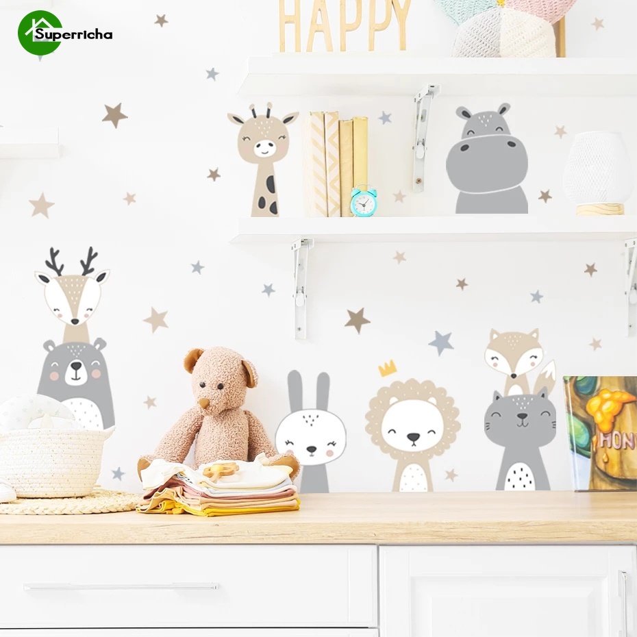 Sticker Dán Tường Họa Tiết Hoạt Hình Sư Tử / Hươu Cao Cổ / Ngôi Sao Dễ Thương Trang Trí Phòng Bé