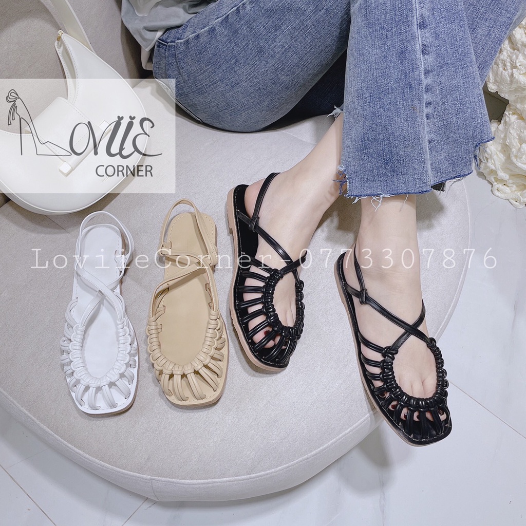 SANDAL RỌ LOVIIE CORNER - GIÀY QUAI HẬU DÂY DA ĐAN THỜI TRANG - DÉP NỮ MŨI TRÒN ĐẾ BỆT 1CM S210707