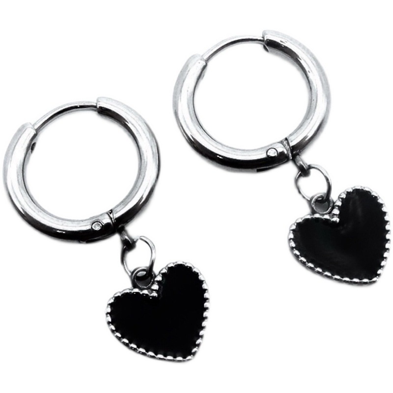 Khuyên Tai Tròn Màu Đen Mặt Hình Trái Tim Bằng Thép Titan Phong Cách Nhật Hàn Thời Trang Cá Tính Dành Cho Bạn Nữ